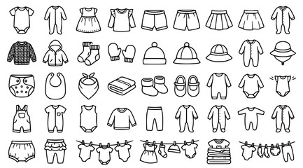 Professional cartoon baby clothes vector set with kids garments hanging clothesline clothespins laundry and nursery apparel illustrations isolated on white background