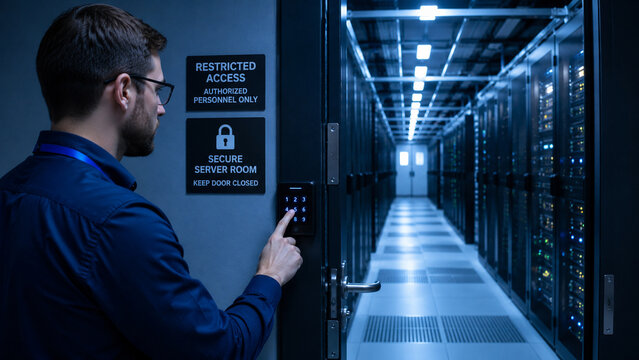 IT engineer entering security code at secure server room access control door