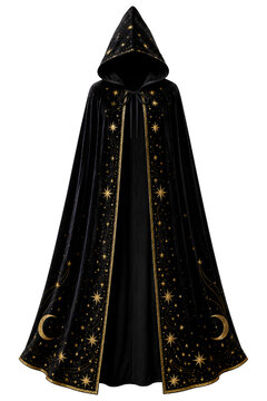 Black wizard cloak with hood isolated on transparent background.