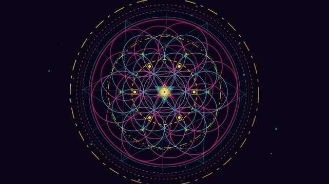 Glowing sacred geometry mandala with neon lines rotating on dark cosmic background for meditation.