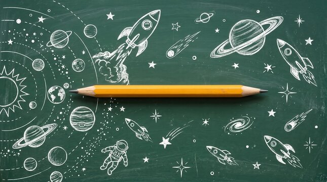 Yellow double sided pencil lying on green chalkboard with chalk drawings. Creative space and science doodles represent back to school learning.