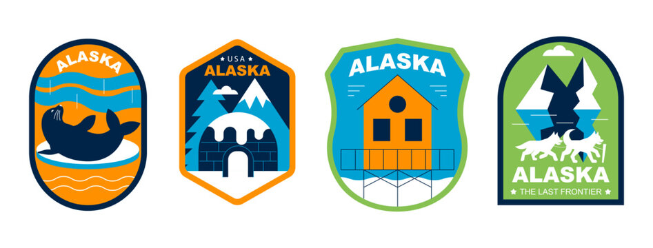 Alaska Retro Badge Set, Geometric Flat Design Stickers, Patches and Labels