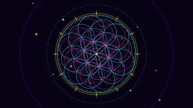 Rotating sacred geometry mandala with glowing colorful lines and stars on a dark background.