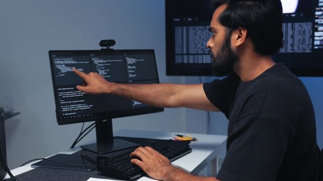 Focused Indian Programmer at Desk, Reviewing Programming Interface and Developing Software Application in Office at Night. Overworked Indian Software Developer Working on Coding Task in Tech Office.