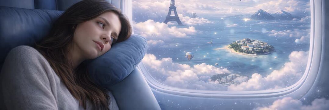 Woman sleeping on airplane and dreaming of Paris and tropical islands, dream travel website banner