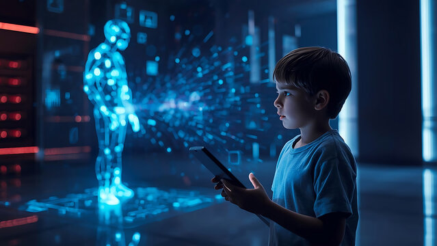 Curious boy interacting with futuristic holographic AI robot in a digital cyberspace environment, technology concept