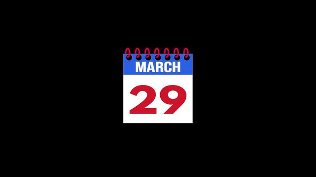 Daily Calendar Page Flip Animation from March 28 to March 29 with Page Turn Transition on Black Background. Day to day. date change concept