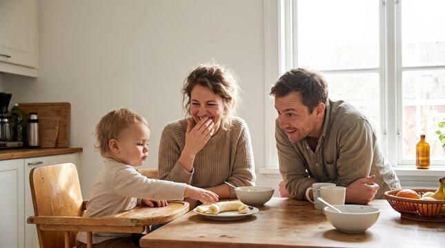 Family laughing at kitchen table during breakfast