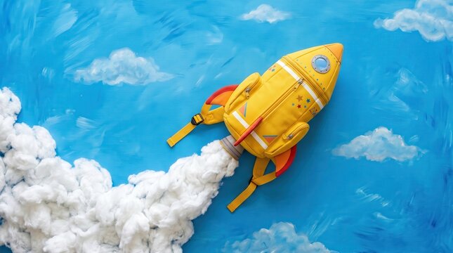 Yellow rocket backpack flying through painted blue sky with cotton clouds. Creative back to school concept for elementary education.