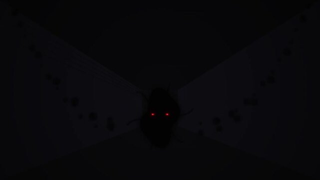 Mysterious creature with glowing red eyes in dark abstract corridor