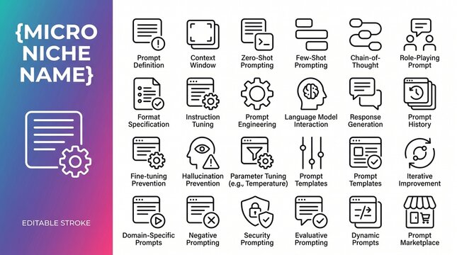 Artificial Intelligence Prompt Engineering Icon Set, 24 Linear AI Language Model Symbols, Machine Learning Instruction Tuning Graphics, Modern Tech Interface Design Elements