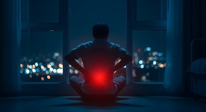 Back pain at night. Man suffering from lower back discomfort, highlighted with red glow, in urban setting.