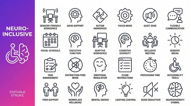 Neuro-inclusive icon set with 24 line symbols for neurodiversity awareness. Workplace accessibility and mental health icons. Inclusive design elements for sensory friendly environments.