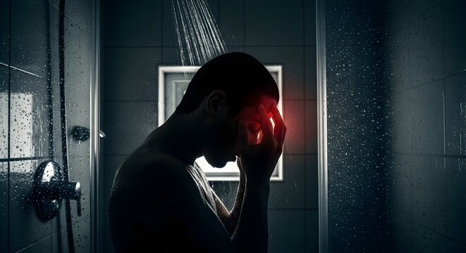 Man with headache or stress in shower, red glow on temples symbolizing pain, mental health struggle