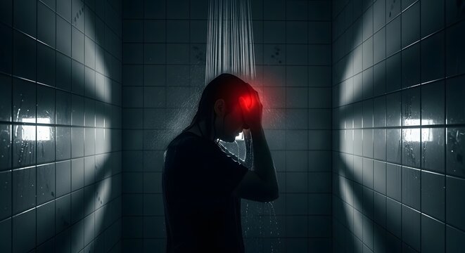 Person with glowing red head in dark shower, representing intense headache, stress, anxiety, and mental pain.