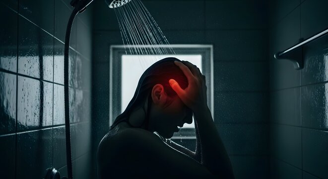 Person with headache or stress in a dark shower, holding head with red pain indicator