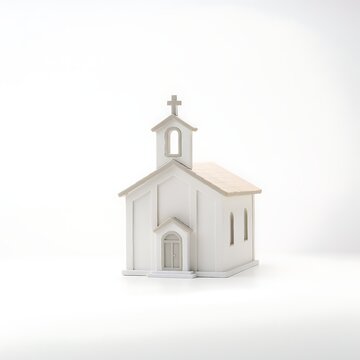 Minimalist white church model on pedestal against soft background.