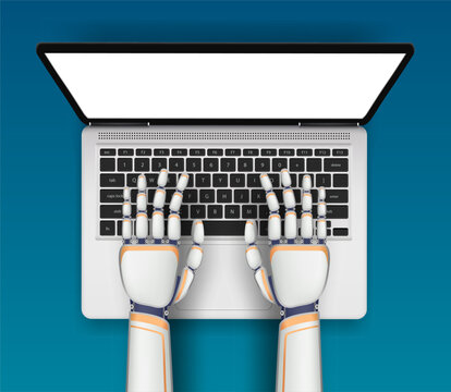 Cyborg hands typing on a laptop keyboard. Vector illustration.