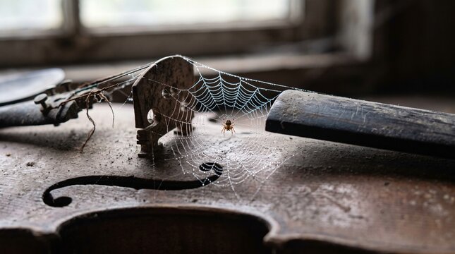 Abandoned Antique Violin Broken Strings Replaced Delicate Silver Spider Silk Cobweb Bridge Dew Drops Macro Forgotten Music