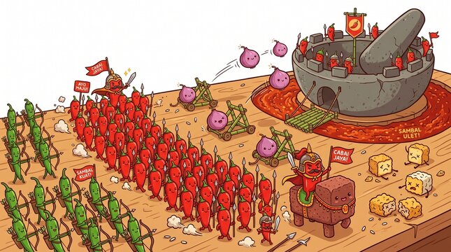Kawaii Indonesian Sambal Battle Illustration with Red Chili General Riding Terasi on Cobek Mortar Fortress, Green Chili Archer Army, Shallot Catapult, Sambal Ulet Moat, Tofu Tempe Casual