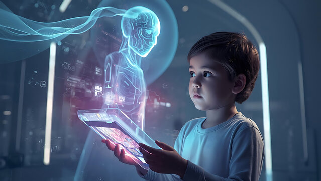 Young boy interacting with futuristic holographic AI interface on tablet in modern lab, future technology concept