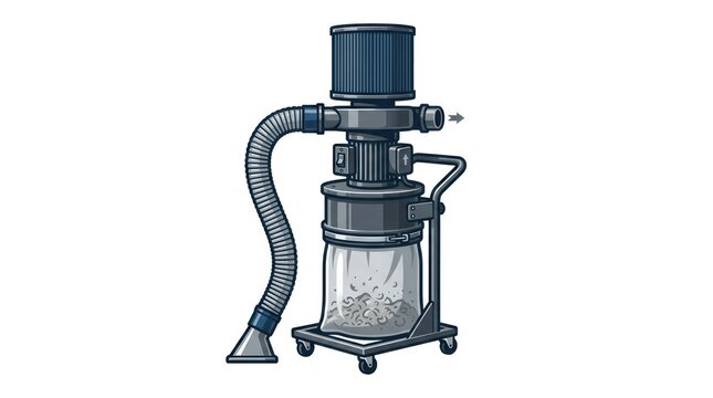 Industrial dust collection vacuum cleaner with a flexible hose and collection bin on wheels