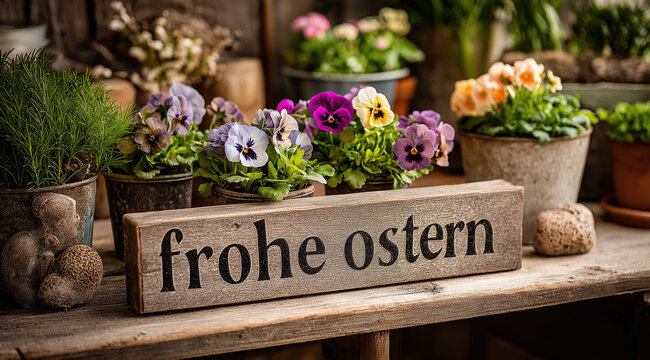 German Frohe Ostern text on wooden sign surrounded by potted spring pansy flowers in workshop garden setting.