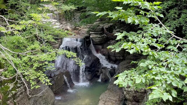 Picturesque river with cascades in Okatse canyon in Georgia