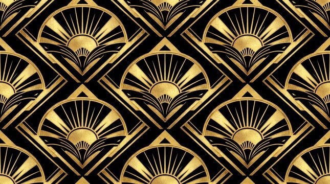 Luxurious Gold Art Deco Sunburst Seamless Pattern on Black Background
