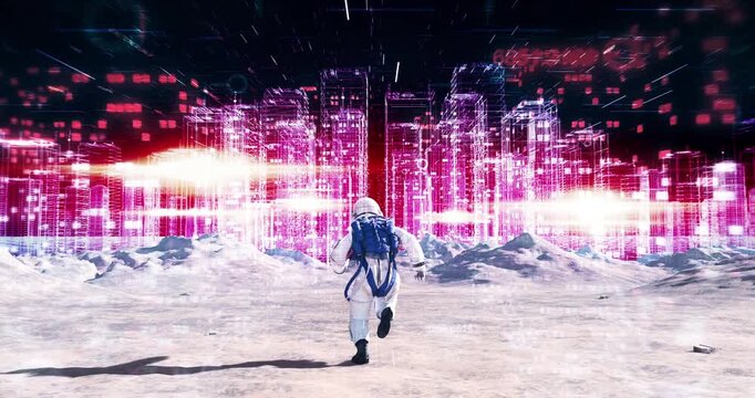 Astronaut running on alien planet landscape with glowing wireframe digital city. Abstract Digital Space City Concept.
