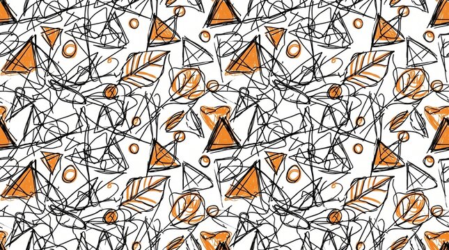 Abstract Hand Drawn Geometric Seamless Pattern With Scribbles And Orange Shapes