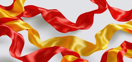 Obraz premium Red and gold ribbons celebrating Spain's National Day with vibrant patriotic festivity background.