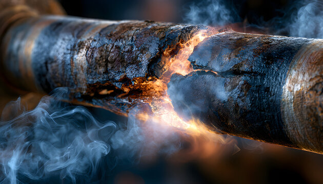 Cracked industrial steel pipe leaking smoke and heat with corrosion, cracked industrial metal pipe leaking fire and steam from high pressure pipeline