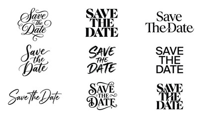 Set of black save the date lettering calligraphy isolated on white background for wedding © Jamil
