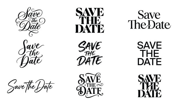 Set of black save the date lettering calligraphy isolated on white background for wedding