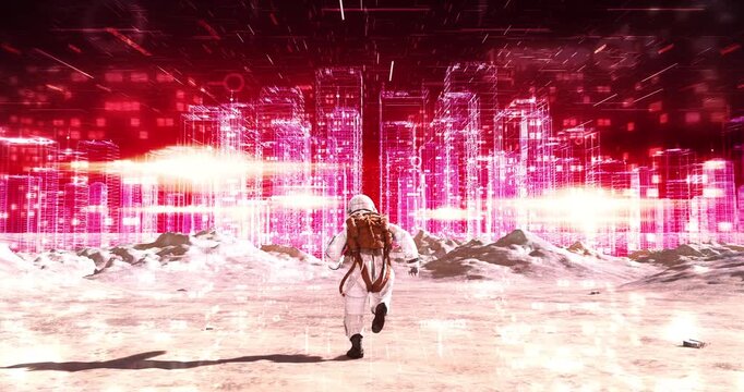 Spaceman running forward on lunar surface with high tech cyber city background. Abstract Digital Space City Concept.