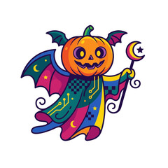 Fototapeta premium Colorful Pumpkin Wizard Character with Bat Wings and Magic Staff
