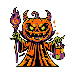 Cartoon pumpkin monster holding magical staff and candy bag illustration