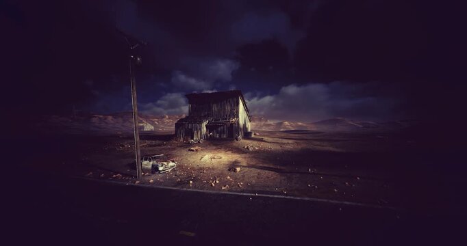 weathered shack beside empty roadside lamp at night, cracked pavement and leaning pole, gritty noir tones and silent emptiness create urban desolation mood