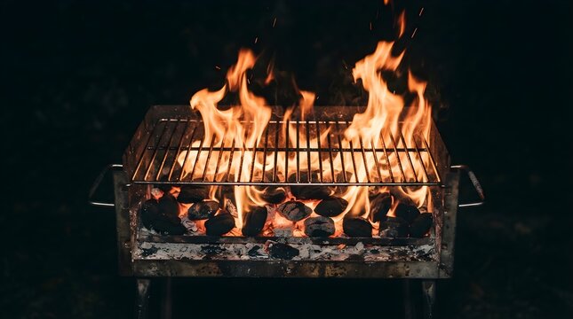 Empty Barbecue Grill Grate with Glowing Fire Flames on Black Background. Outdoor Cooking, BBQ Party, Grilling Equipment and Summer Food Preparation Concept