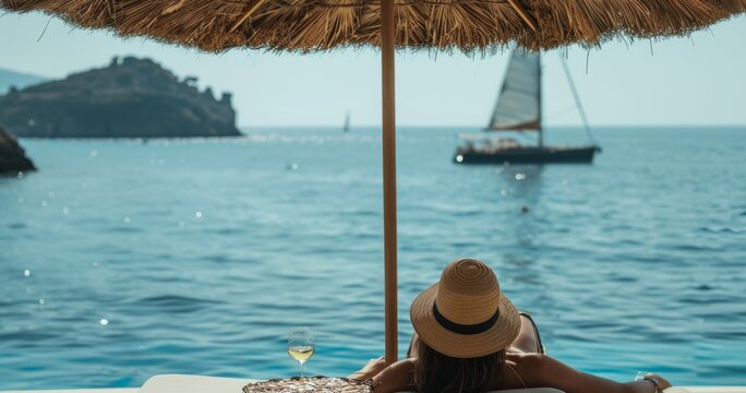 Back view of a woman in straw hat relaxing on sunbed looking at sea with wooden gulet and castle ruins