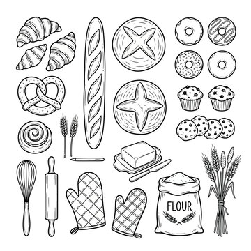 Set of hand drawn bakery items including bread flour wheat croissants muffins donuts and baking tools