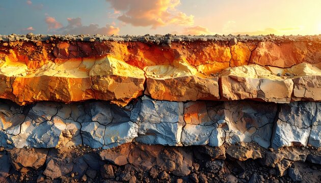 Detailed geological section of cracked rock layers in golden light symbolizing earth structure, time and natural resources, representing environmental research and desert geology study