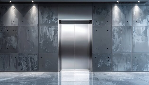 A sleek modern elevator door in a polished concrete building interior, representing progress, upward movement, ambition, and the architectural beauty of minimalist design