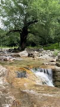 Picturesque river with cascades in Okatse canyon in Georgia