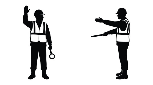 Construction worker silhouettes with hand signals on a white background