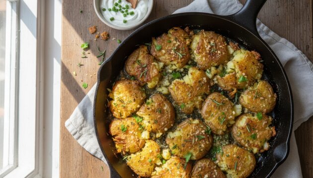 Herb-roasted smashed potatoes in a cast-iron pan highlight rustic home cooking and comfort food. Soft daylight brings a warm inviting weekend atmosphere