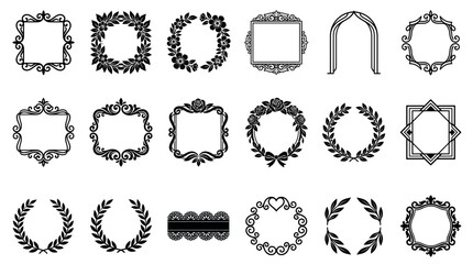 Fototapeta premium Collection of black silhouette wedding frames and circular wreaths, including floral designs and elegant borders for luxury event invitations, greeting cards, and sophisticated paper craft projects.