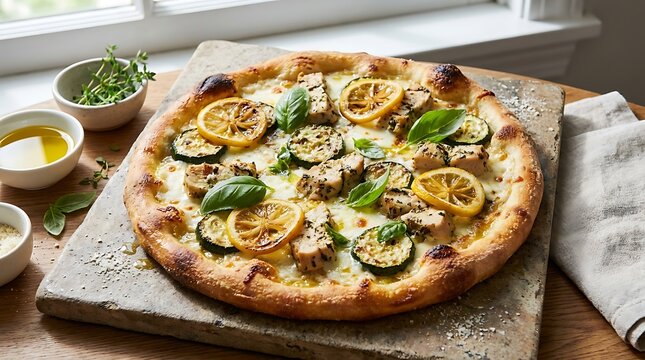 Gourmet pizza with grilled chicken, zucchini, and lemon slices