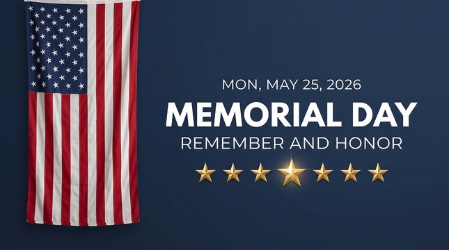 Memorial day honoring national holidays on may 25 2026 with american flag remember and honor on blue gradient background with stars